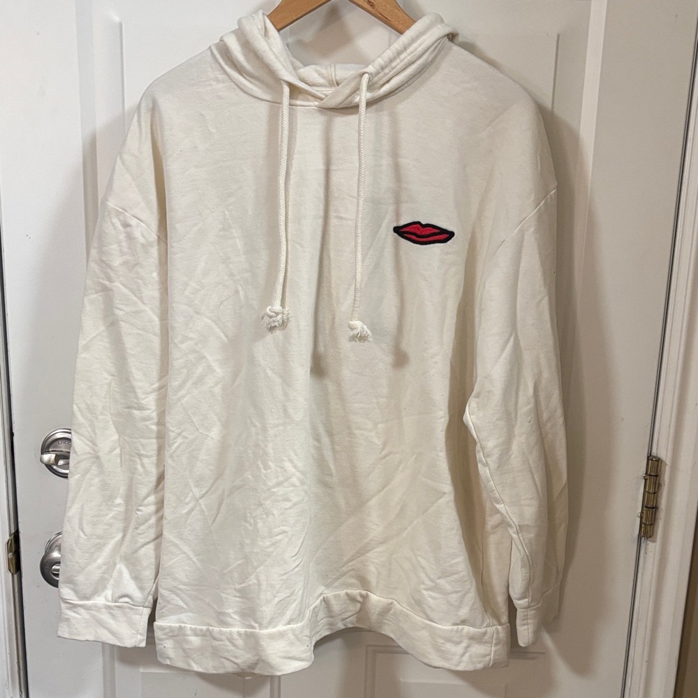 White Hoodie with Red Lips Embroidery